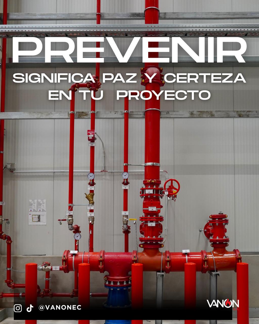 Pieza oficial de VANON: red de tuberías contra incendios y mensaje Prevenir significa paz y certeza en tu proyecto